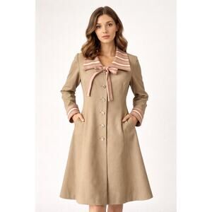 1970s ILGWU Vintage Tan Collar Bow Dress A-Line USA Large